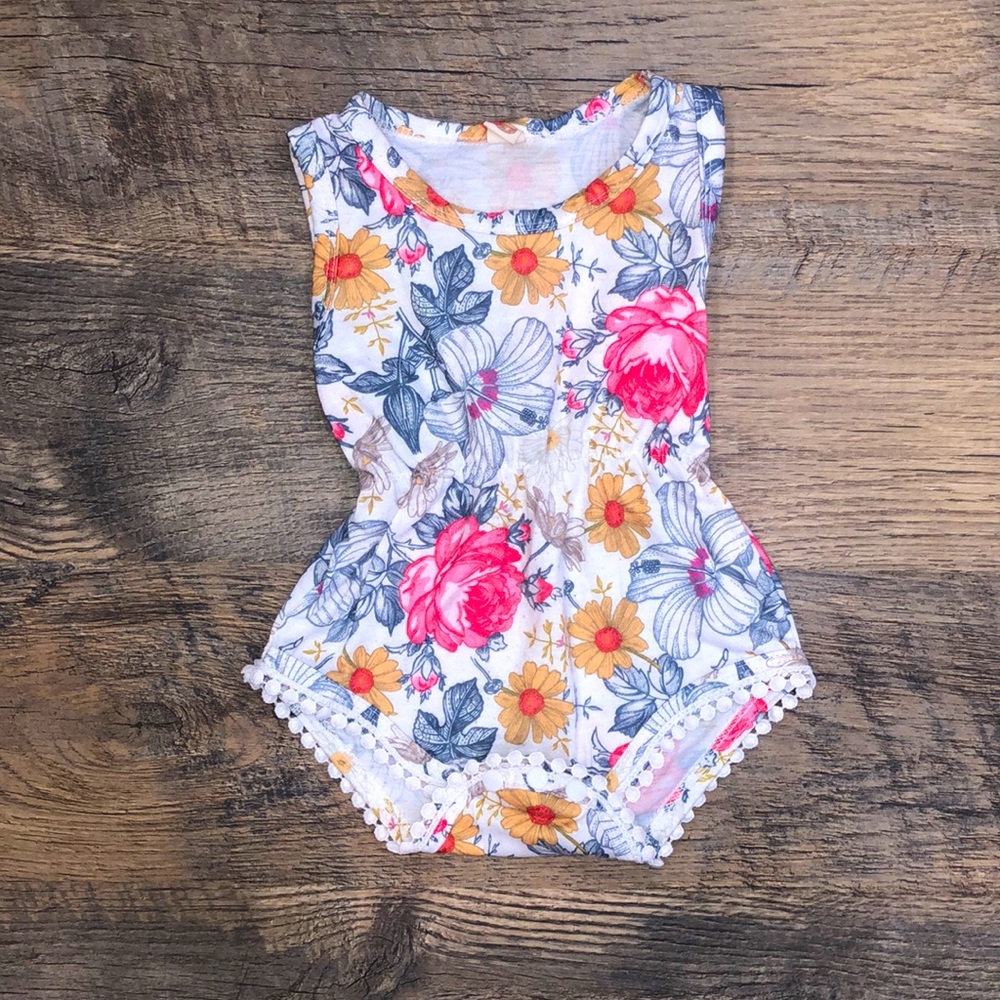 Shein 6-9 Months Floral Print With Lace Trim Romper